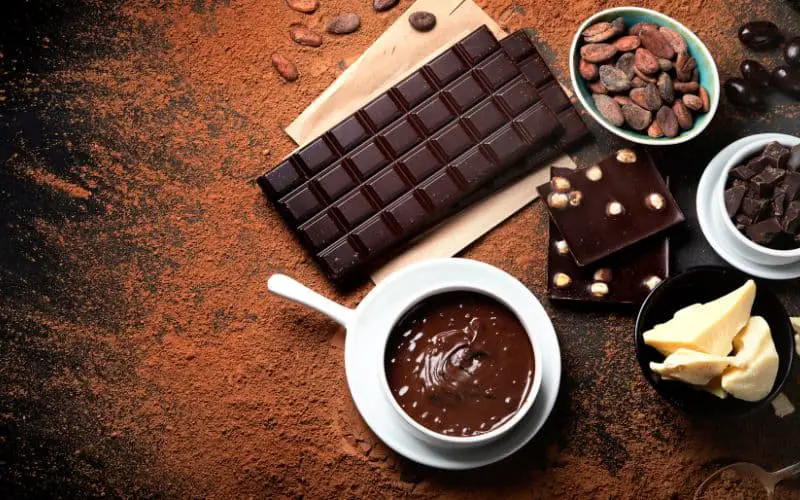 Chocolate in various forms - powder, drink, melted and a bar of chocolate