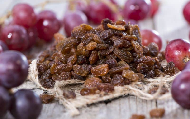 Image focused on raisins and red grapes blurred in the background