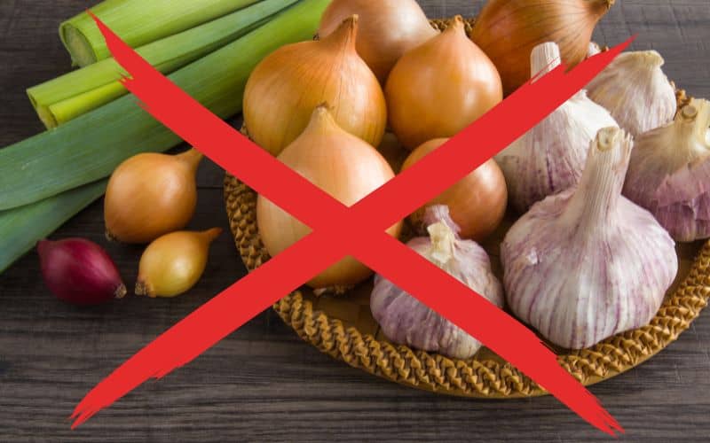 Image of garlic, onions and leeks in a basket with a red cross in front of them
