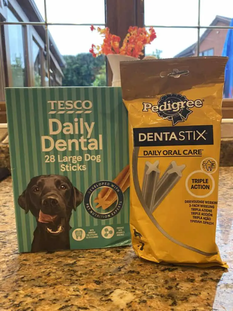 Cheap store-branded dog chews next to some expensive branded dog chews